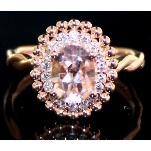 1.50 CT Oval Lab Created Morganite Diamond Halo Engagement Ring Rose Gold Plated - Picture 2 of 12